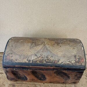 Handmade Vintage small Carved wooden box World Map Rounded Lid 6x4x3”